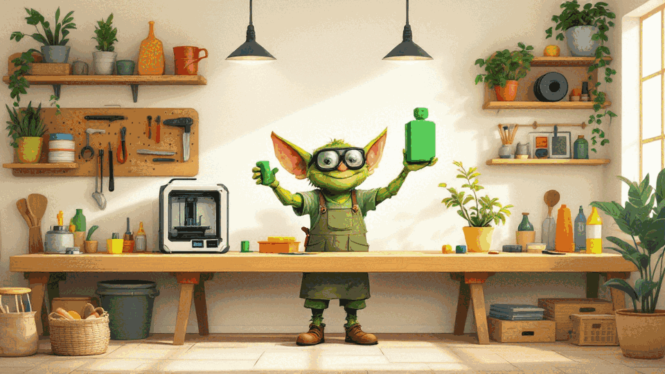 Illustration: a cheerful green goblin in an apron holds up a freshly printed part at a sunny workshop bench beside a small 3D printer